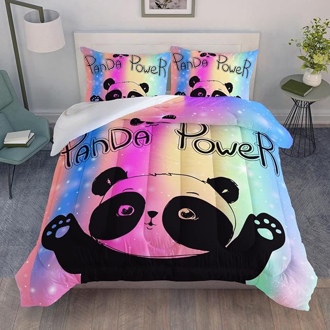 Datura home Bedding Comforter Set Rainbow Kawaii Cute Panda Printed Pattern with 1 and 2 Pillowcases for Girls Bedroom All Season(Panda Queen) Queen 90x90inches