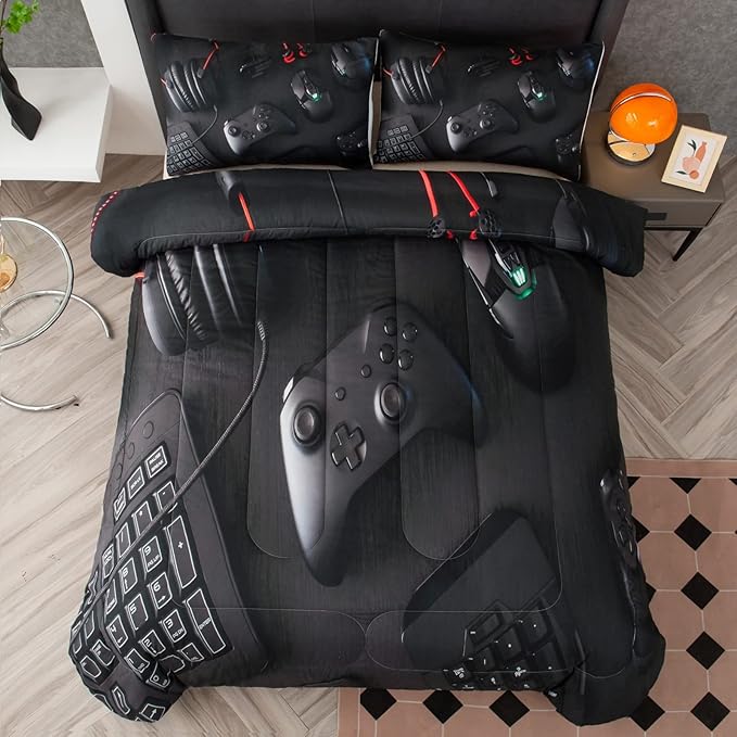 boys Gamer Comforter Set King Size,Gaming Comforter Set for Boys Kids Teens,Gamer Bedding Sets,3D Gaming Microfiber Quilts Gaming Room Decor All Season,Black