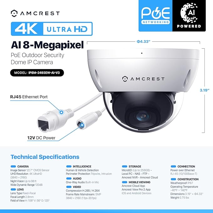 Amcrest UltraHD 4K (8MP) Outdoor Security POE IP Camera, 3840x2160, 98ft NightVision, 2.8mm Lens, IP67 Weatherproof, IK10 Vandal Resistant Dome, MicroSD Recording, White (IP8M-2493EW)