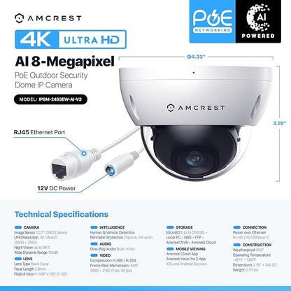 Amcrest UltraHD 4K (8MP) Outdoor Security POE IP Camera, 3840x2160, 98ft NightVision, 2.8mm Lens, IP67 Weatherproof, IK10 Vandal Resistant Dome, MicroSD Recording, White (IP8M-2493EW)