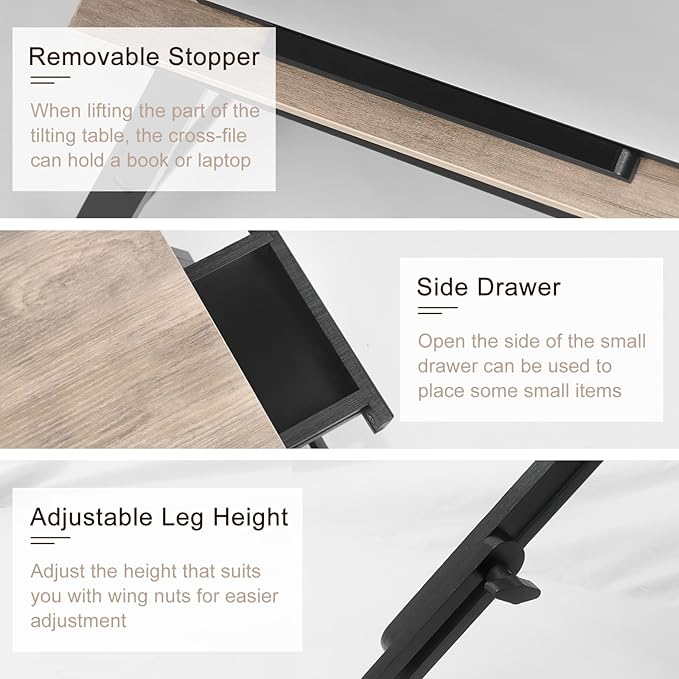 Bamboo Laptop Desk Bed Tray Table Adjustable Table for Computer Tilting Top Foldable Leg with Drawer