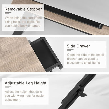Bamboo Laptop Desk Bed Tray Table Adjustable Table for Computer Tilting Top Foldable Leg with Drawer