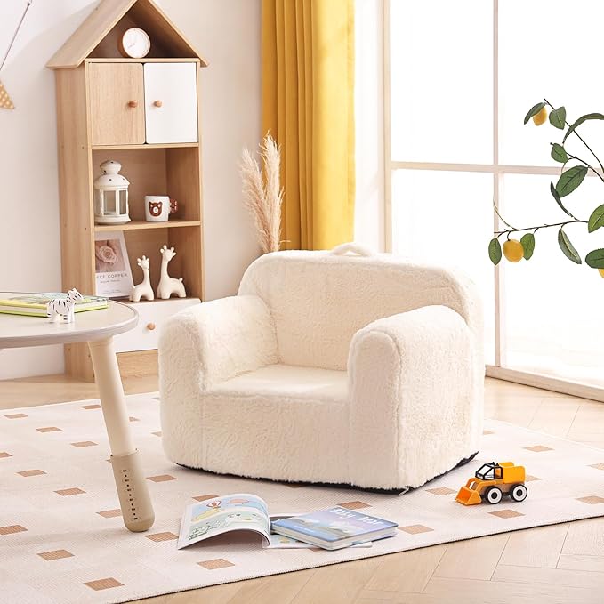 Tiita Kids Sofa Couch, Toddler Foam Sofa Chair, Comfy Child Lounge Chair with Carrying Handle & Side Pockets, Baby Plush Armrest Chair, Lightweight Reading Sofa Chair for Girl or Boy (Beige)