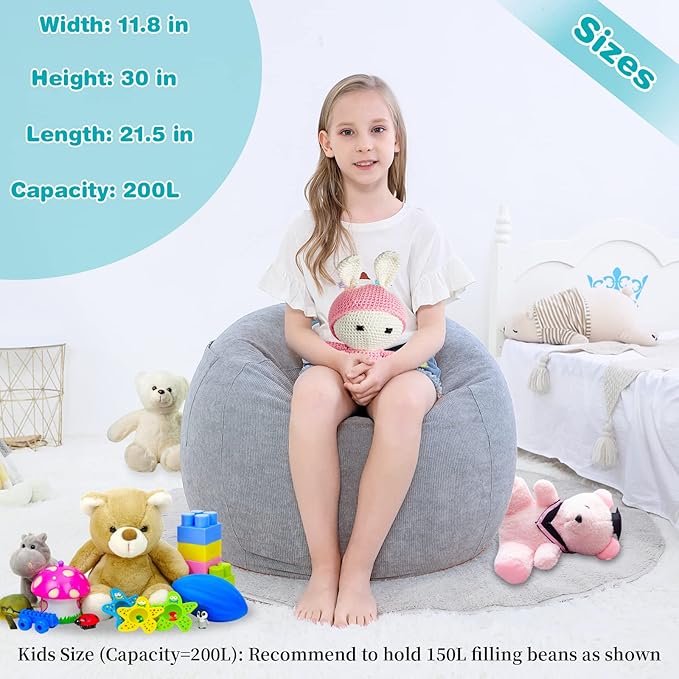 Stuffed Animal Storage Bean Bag Chair Cover (No Filler) for Kids and Adults.Soft Premium Corduroy Stuffable Beanbags for Organizing Children Plush Toys or Memory Foam Small 100L (Grey)