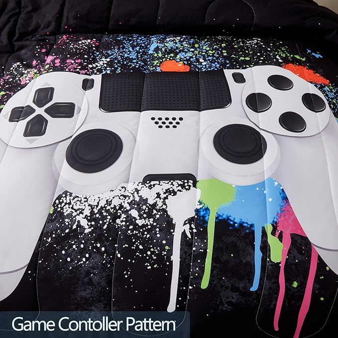 Gamer Bedding Sets for Boys, Twin Size 2-Piece Gaming Comforter Sets for Kids Teens, Soft Microfiber Video Game Bedding Sets for Game Lovers, 1 Comforter and 1 Pillowcase(White,Twin)