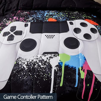 Gamer Bedding Sets for Boys, Twin Size 2-Piece Gaming Comforter Sets for Kids Teens, Soft Microfiber Video Game Bedding Sets for Game Lovers, 1 Comforter and 1 Pillowcase(White,Twin)