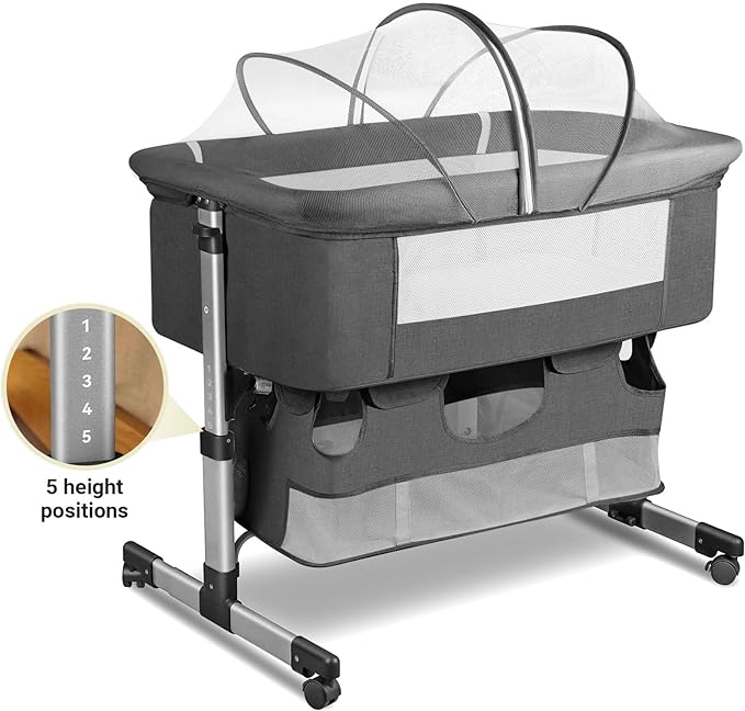 Bedside Crib,3 in 1 Baby Crib Adjustable Portable Bed for Infant,Baby Bassinet with Mosquito net Baby Newborn Must Have Bed,Grey