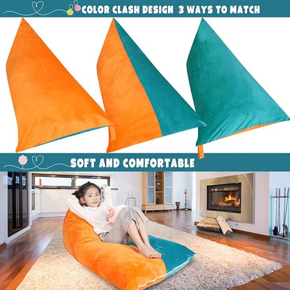 Stuffed Animal Storage Bean Bag Chair Cover, Velvet Turquoise Orange Plush Toy Storage Stuff and Sit Seat for Kids/Teens/Adults, 52" x 31" Extra Large Triangle Sofa, 200L/52Gal, Cover Only