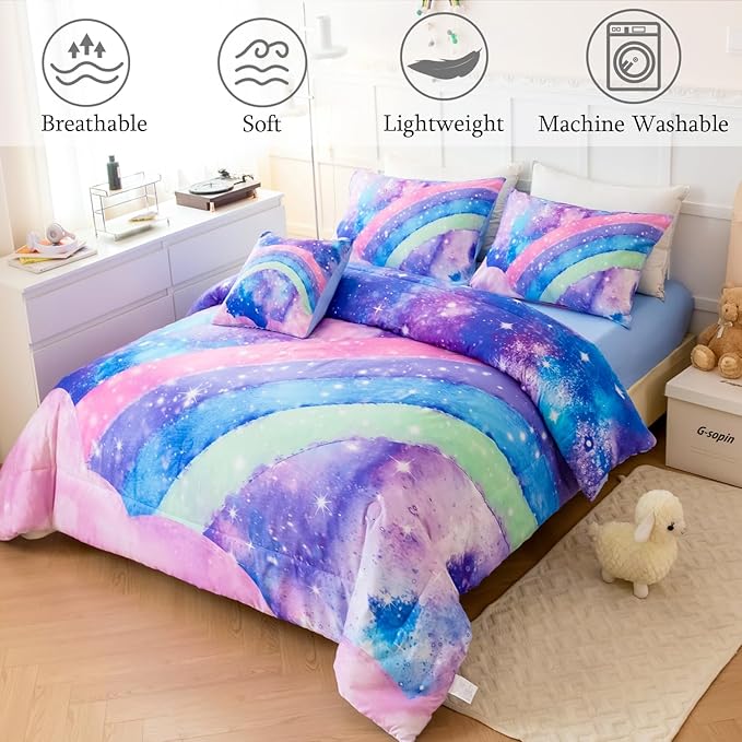 Tie Dye Blue Teens Comforter Set Queen for Girls, 3D Rainbow Gradient Glitter Bed in A Bag, 6 Pieces Twinkle Nebula Comforter Kids Bedding Set for All Season