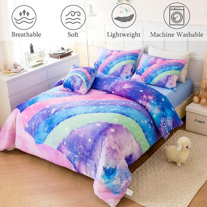 Tie Dye Blue Teens Comforter Set Queen for Girls, 3D Rainbow Gradient Glitter Bed in A Bag, 6 Pieces Twinkle Nebula Comforter Kids Bedding Set for All Season