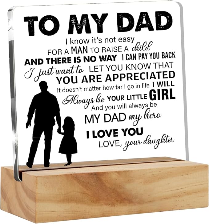 Father Gift Dad Gifts From Daughter, to My Dad My Hero Quote Desk Decor Acrylic Desk Plaque Sign with Wood Stand Home Office Desk Sign Keepsake Present