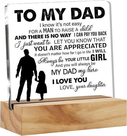 Father Gift Dad Gifts From Daughter, to My Dad My Hero Quote Desk Decor Acrylic Desk Plaque Sign with Wood Stand Home Office Desk Sign Keepsake Present