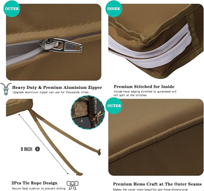 ClawsCover 3Pack Outdoor Seat Cushions Replacement Covers Fit for 4 Pieces Wicker Rattan Furniture Patio Conversation Set Loveseat Chair,38x19x2,19x19x2,Taupe-Large (Include Cover Only)