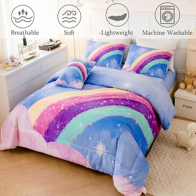 Sky Blue Teen Rainbow Comforter Set Queen Size for Girls, 6 Pieces Galaxy Gradient Bed in A Bag, 3D Galaxy Kids Bedding Comforter Sets with Comforter, Sheets and Pillowcases