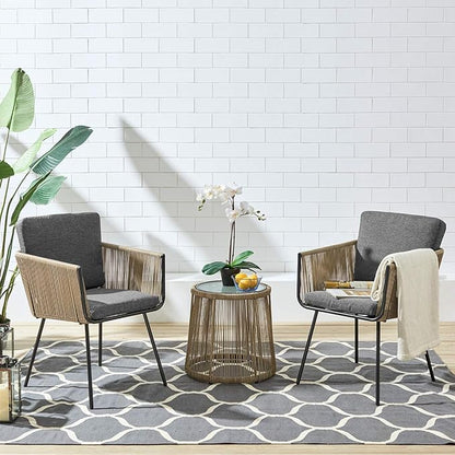 Barton 3 Pieces Wicker Chair Set w/Glass Table Gray Outdoor Patio Furniture Wicker Rattan Modern Conversation Chat Seating