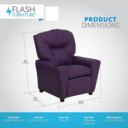 Flash Furniture Chandler Vinyl Kids Recliner with Cup Holder and Safety Recline, Contemporary Reclining Chair for Kids, Supports up to 90 lbs., Purple