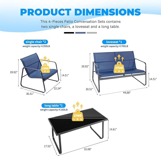 4 Pieces Patio Furniture Set Outdoor Patio Conversation Sets Poolside Lawn Chairs with Glass Coffee Table Porch Furniture for Courtyard, Garden and Balcony (Blue)