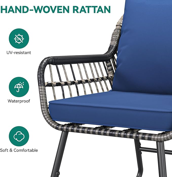 YITAHOME 4-Piece Patio Furniture Wicker Outdoor Bistro Set, All-Weather Rattan Conversation Loveseat Chairs for Backyard, Balcony and Deck with Soft Cushions and Metal Table (Navy Blue)