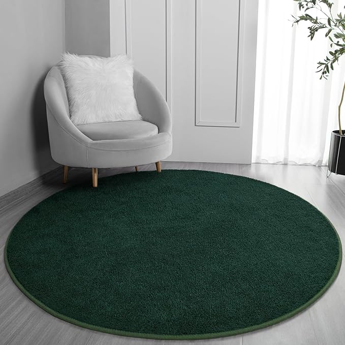 Round Area Rugs for Bedroom Living Room, 5x5 Dark Green Super Soft Comfy Thickened Memory-Foam Indoor Circle Carpet, Modern Aesthetic Minimalist Carpet for Boys Girls Adults Nursery Home Décor