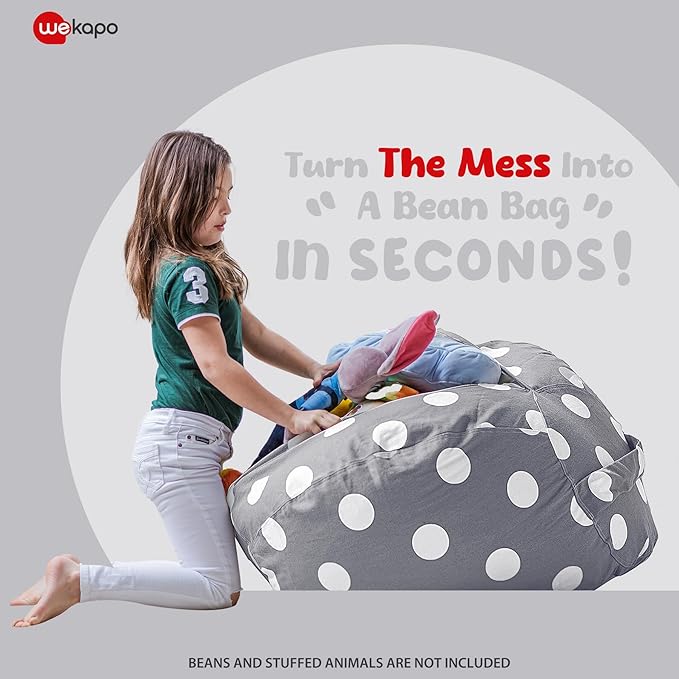 Wekapo Stuffed Animal Storage Bean Bag Chair Cover for Kids | Stuffable Zipper Beanbag for Organizing Children Plush Toys Large Premium Cotton Canvas (Gray Dot, XX-Large)