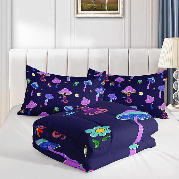 Colorful Mushroom Comforter Set Full Size Kids Trippy Mushroom Bedding Set Hippy Star Eye Theme Quilt Bed Set for Boys Girls Adults with 1 Comforter and 2 Pillowcases