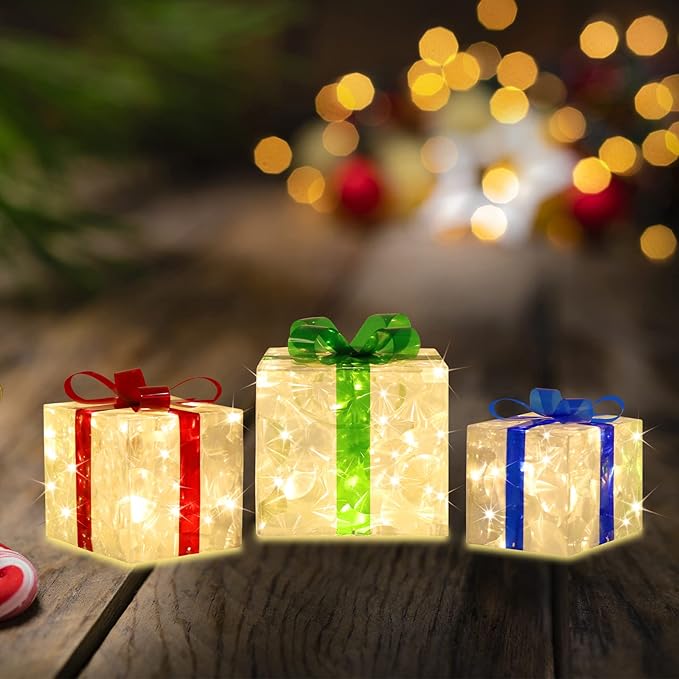 [Large 8.5"x7"x6" Christmas Set of 3 Lighted Gift Boxes Decorations Pre-lit 70 Super-Bright LED with Flashers,for Indoor Outdoor Christmas Tree Skirt Ornament Pathway Holiday Party Home