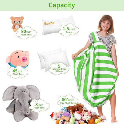 Aubliss Stuffed Animal Bean Bag Storage Chair, Beanbag Covers Only for Organizing Plush Toys, Turns into Bean Bag Seat for Kids When Filled, Medium 32"-Canvas Stripes Green/White