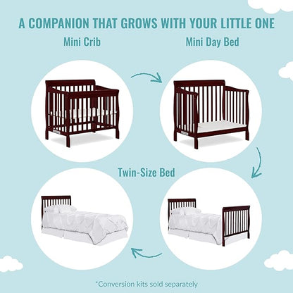 Aden 4-in-1 Convertible Mini Crib In Cherry, Greenguard Gold Certified, Non-Toxic Finish, New Zealand Pinewood, With 3 Mattress Height Settings