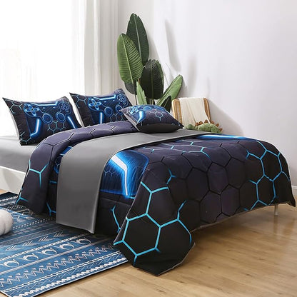 JQinHome Queen Gamer Comforter Set,6 Piece Bed in A Bag 3D Video Game Bedding -All Season Down Alternative Gamer Bedding Sets - (Blue Game Controller)