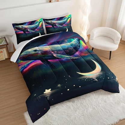 HOSIMA 3D Whale Galaxy Bedding Comforter Sets,Stars Moon Comforter Starry Room Decor Aesthetics,Ocean Theme Marine Life Whale Comforter with 2 Pillowcases Full Size Bed in a Bag Set for Adults Kids.