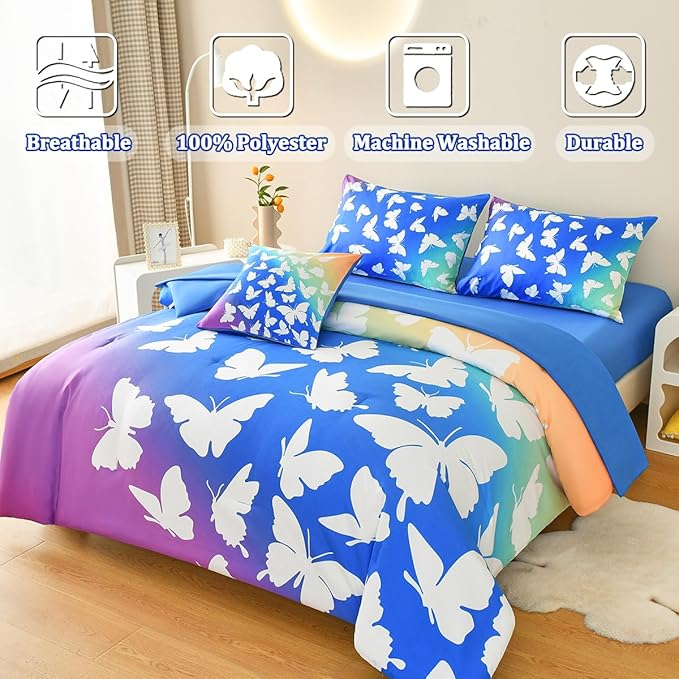 Butterfly Bedding Set Full, Blue Butterfly Comforter Set for Girls Kids Teens 6 pcs Bed in a Bag Full Bedding Sets for Girls
