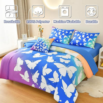 Butterfly Bedding Set Full, Blue Butterfly Comforter Set for Girls Kids Teens 6 pcs Bed in a Bag Full Bedding Sets for Girls