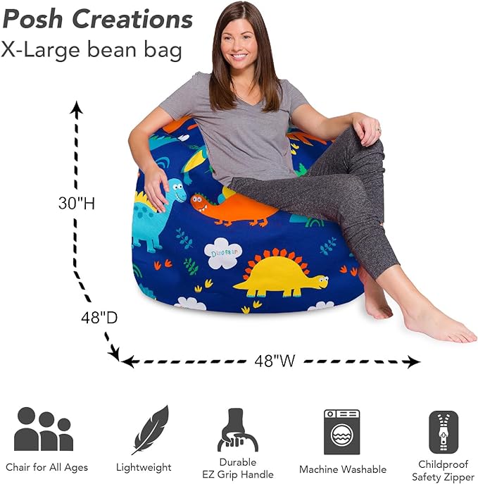Posh Creations Bean Bag Chair for Kids, Teens, and Adults Includes Removable and Machine Washable Cover, Canvas Dinos on Blue, 48in - X-Large