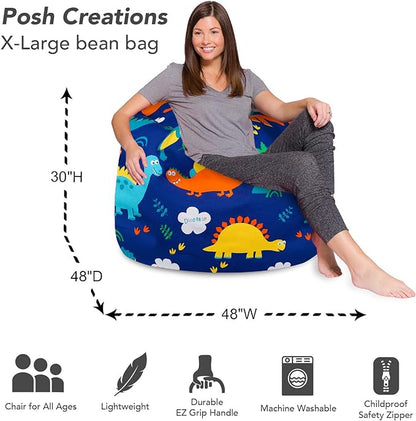 Posh Creations Bean Bag Chair for Kids, Teens, and Adults Includes Removable and Machine Washable Cover, Canvas Dinos on Blue, 48in - X-Large