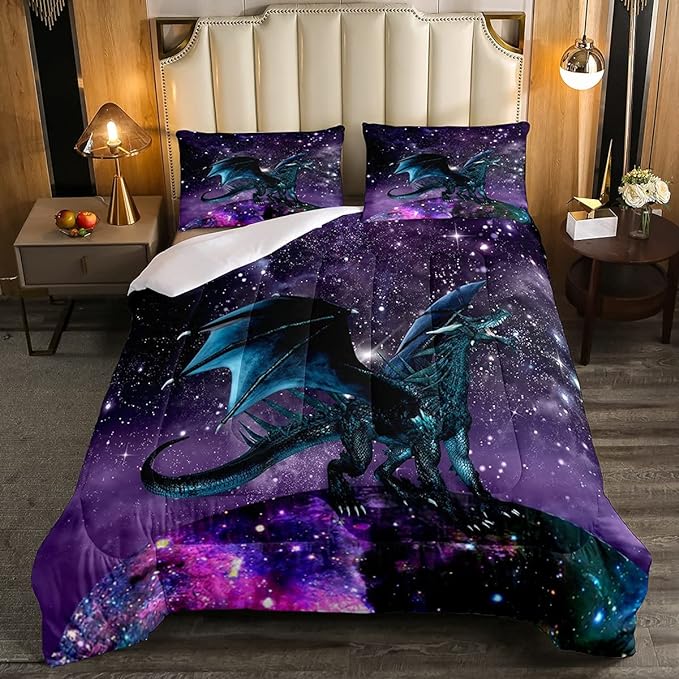 Erosebridal Dragon Bedding Set Purple Nebula Comforter Set Queen Size Mysterious Outer Space Duvet Set Trippy Bedding Set for Kids Boys Girls Teens Room Decor, Safari Wildlife Animals Quilt Set