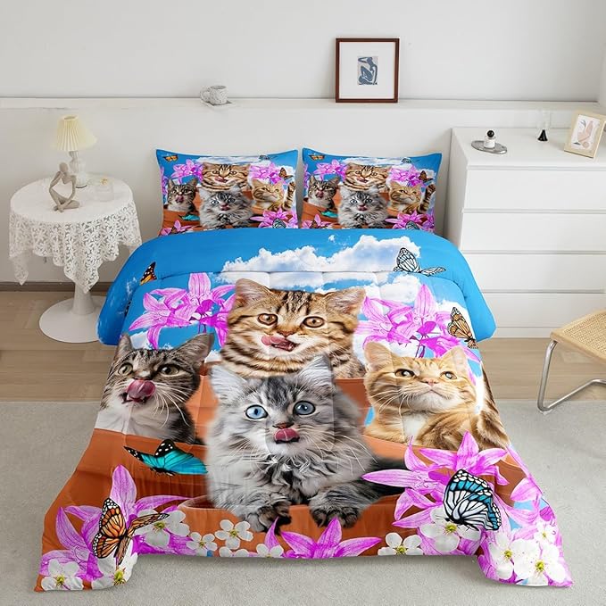 Kids Cute Cat Bedding Set Cartoon Pet Cats Kittens Comforter Set Cat Lovers Animal Themed Comforter for Boys Girls Purple Floral Butterflies Print Down Alternative Comforter Room Decor Full Size