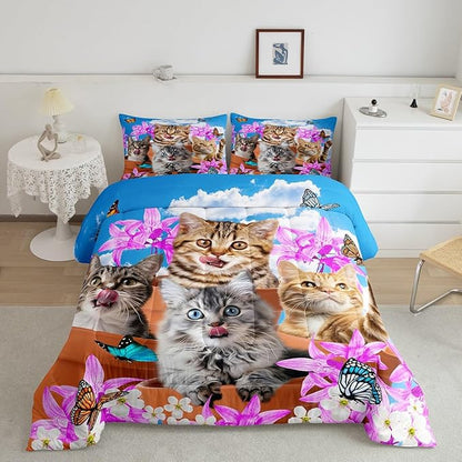 Kids Cute Cat Bedding Set Cartoon Pet Cats Kittens Comforter Set Cat Lovers Animal Themed Comforter for Boys Girls Purple Floral Butterflies Print Down Alternative Comforter Room Decor Full Size