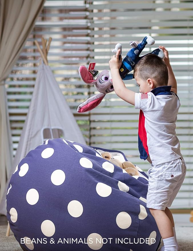 Aubliss Stuffed Animal Storage Bean Bag Chair Cover (No Beans), Stuff and Sit Storage Bean Bag for Kids Toy Storage, Medium 32"-Canvas Dot Navy