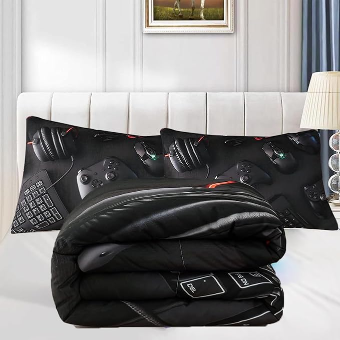 Gamer Comforter Set for Boys Teen Kids Full Size Gaming Comforter Soft Microfiber Gampad Quilt and Pillowcase Video Game Bedding Sets Room Decor (Color 1,Full)