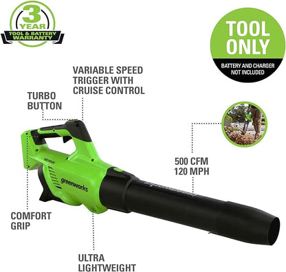 Greenworks 40V (120 MPH / 500 CFM / 75+ Compatible Tools) Cordless Axial Leaf Blower, Tool Only