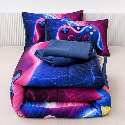 Meeting Story Gamer Gaming Bedding Sets Red Blue Lightnings Gamepad Comforter Set for Boys Games Console Action Buttons Novelty Colorful Modern Room Decor Home Quilt Set (Blue-Purple, Twin 5Pcs)