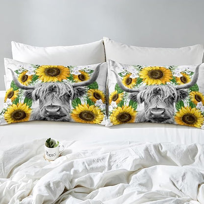 Highland Cow Comforter Set Full Sunflowers Art Down Comforter Rustic Bull Cattle Bedding Set For Kids Boys Girls Adult Farmhouse Western Funny Animal Wild Theme Duvet Set Grey Marble Comforter