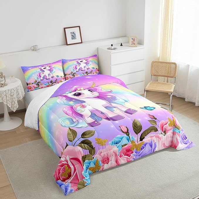 Cute Unicorn Kids Comforter Set Full Size,Rainbow Starry Sky Roses Dreamy Bedding Set,Girls Women Room Decor,Cartoon Animals Flowers Down Comforter,Pink Purple Unique Duvet Insert,2 Pillowcases