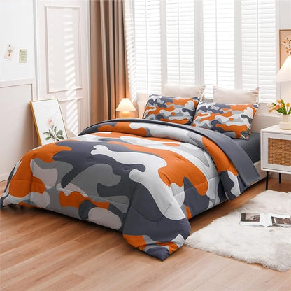 Meeting Story Kids Camo Bedding Set, Army Camouflage Bedding Twin Comforter Set for Boys Girls Teens Bedroom Decoration (Orange, Twin 5Pcs)
