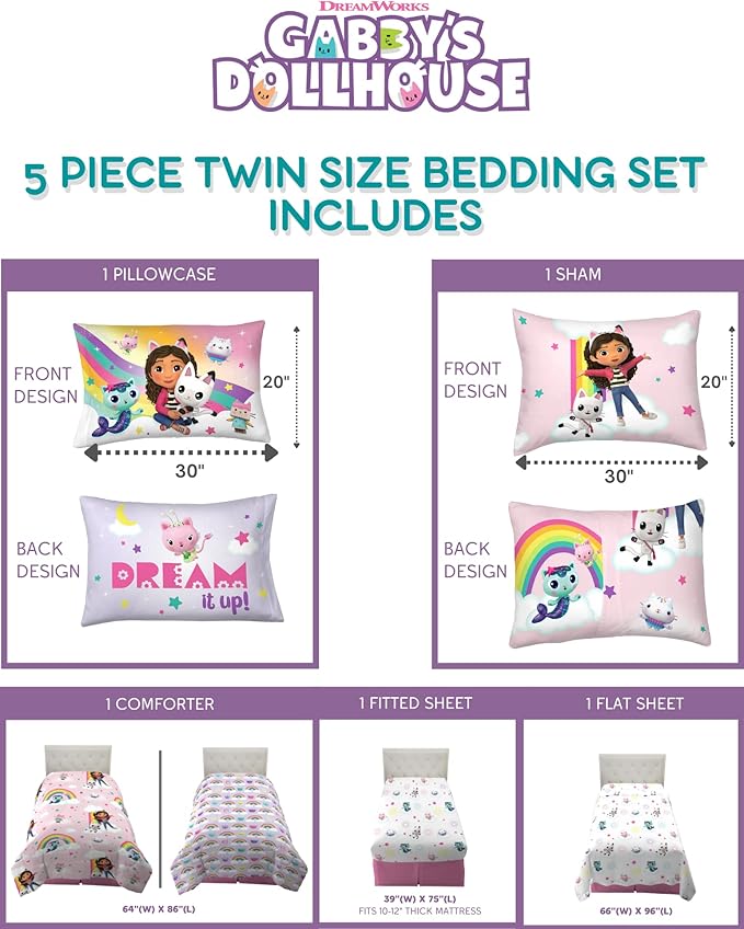 Franco Gabby's Dollhouse Kids Bedding Super Soft Comforter and Sheet Set with Sham, 5 Piece Twin Size, (Officially Licensed Product)