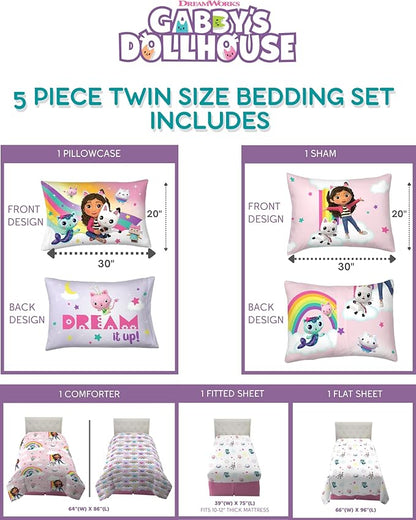 Franco Gabby's Dollhouse Kids Bedding Super Soft Comforter and Sheet Set with Sham, 5 Piece Twin Size, (Officially Licensed Product)