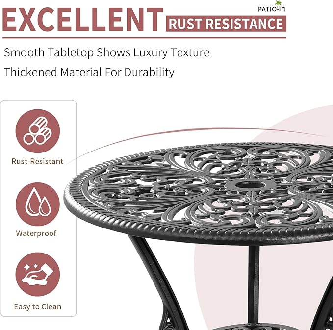 Bistro Table and Chairs Set of 2, Cast Aluminum Patio Furniture, Outdoor Bistro Set 3 Piece with Umbrella Hole for Balcony Porch Yard