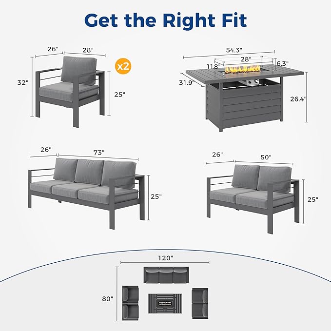 Wisteria Lane 5 Piece Aluminum Outdoor Patio Furniture Set with 54 Inch Propane Gas Fire Pit Table, Modern Patio Conversation Sets with Outdoor Sectional Couch for Backyard, Garden, Dark Grey