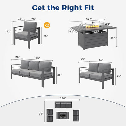 Wisteria Lane 5 Piece Aluminum Outdoor Patio Furniture Set with 54 Inch Propane Gas Fire Pit Table, Modern Patio Conversation Sets with Outdoor Sectional Couch for Backyard, Garden, Dark Grey