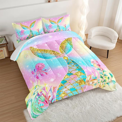 HOSIMA Mermaid Comforter with 2 Pillowcases,Girly Rainbow Bedding Set Mermaid Tail Comforter,Glitter Gold Fish Scales Twin Bed in a Bag,Cute Sea Animal Octopus Seahorse Comforter for Kids Teens.